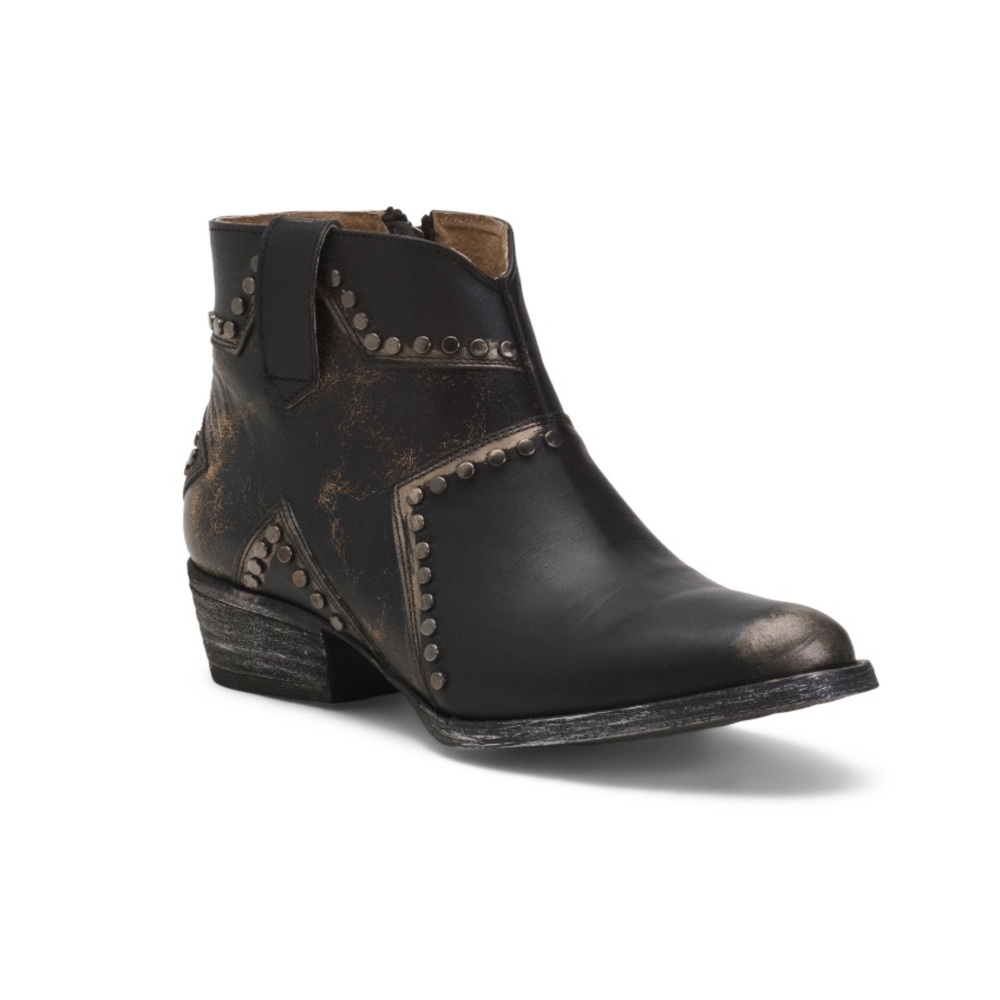 Circle G Leather Star Inlay & Studs Ankle Boot Black Distressed Look Women’s 5